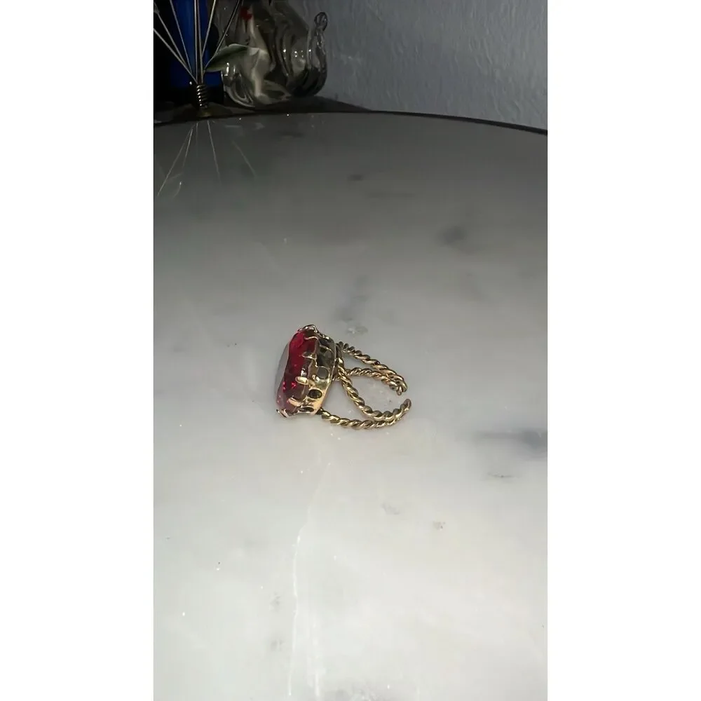 Vintage Ring Signed W Germany Red Glass Brass Twisted Metal Braided West Germany - Picture 8 of 10